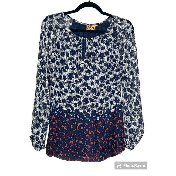 Tory Burch Womens Blouse Blue Floral Long Sleeve Button Cuff Keyhole Neck Top 2 - Picture 1 of 5